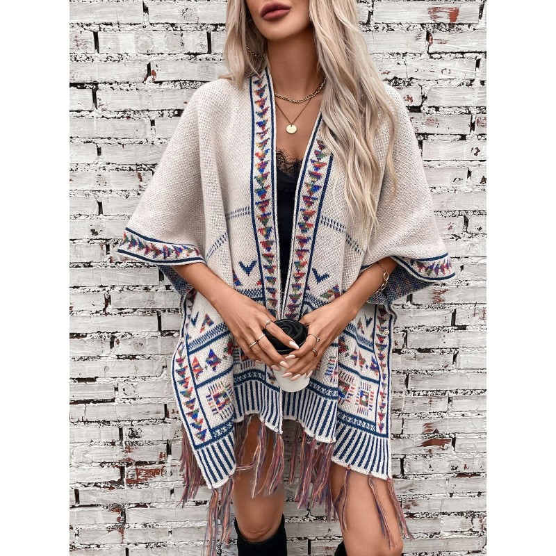 Western Autumn Winter Women Fashion Casual Geometric Jacquard Tassel Cape Coat