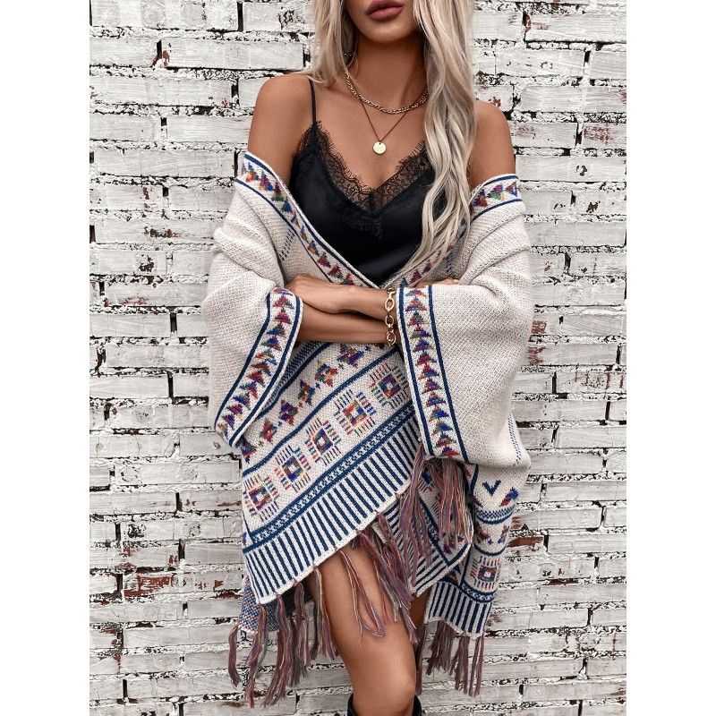 Western Autumn Winter Women Fashion Casual Geometric Jacquard Tassel Cape Coat