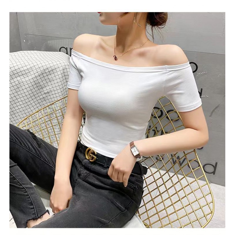 Solid Color Short-Sleeved Summer Women Off Shoulder Crop Top T-Shirt