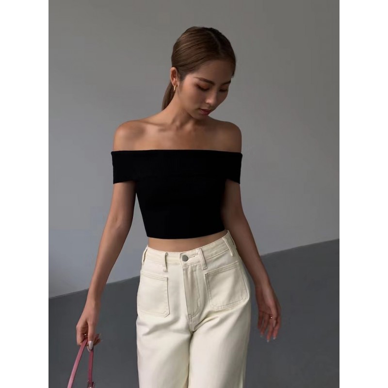 Solid Color Short-Sleeved Summer Women Off Shoulder Crop Top T-Shirt