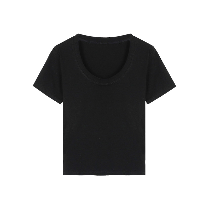 Summer Women Casual U Collar Solid Color Short Sleeve Blank T-Shirt