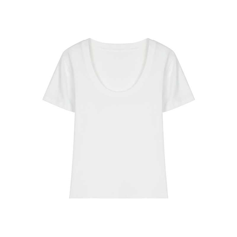 Summer Women Casual U Collar Solid Color Short Sleeve Blank T-Shirt