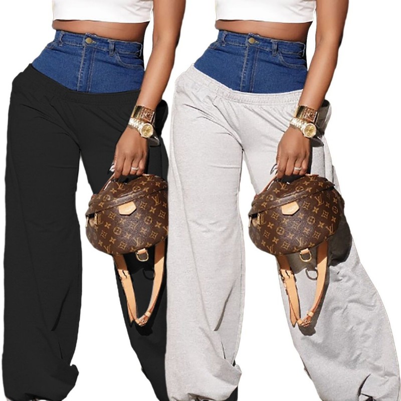 Women Fashion Casual Denim Stitching Wide-Leg Pants