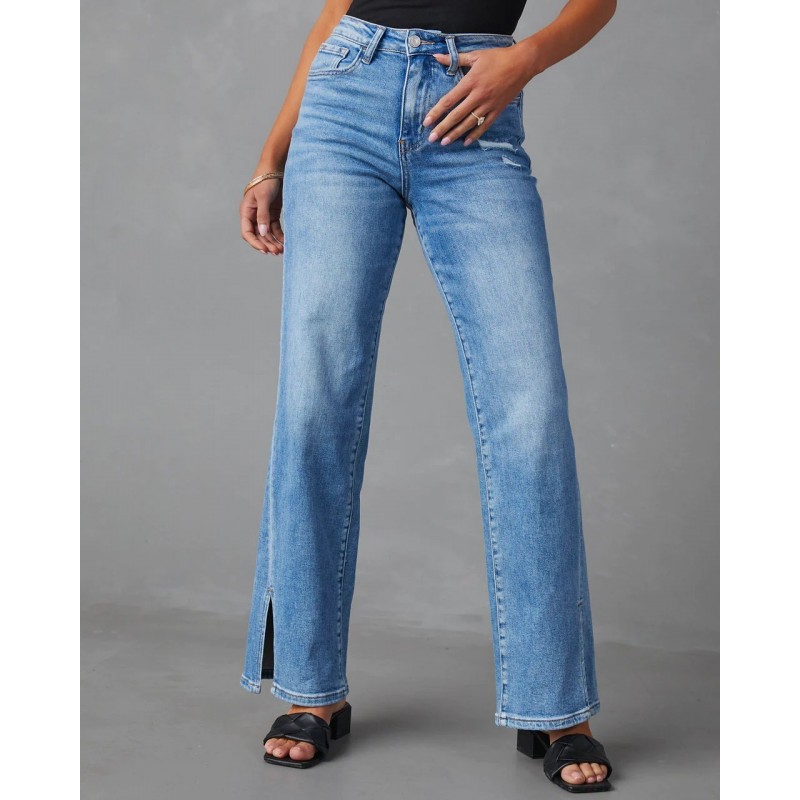 Women Fashion High Waist Stretch Split Straight Leg Jeans