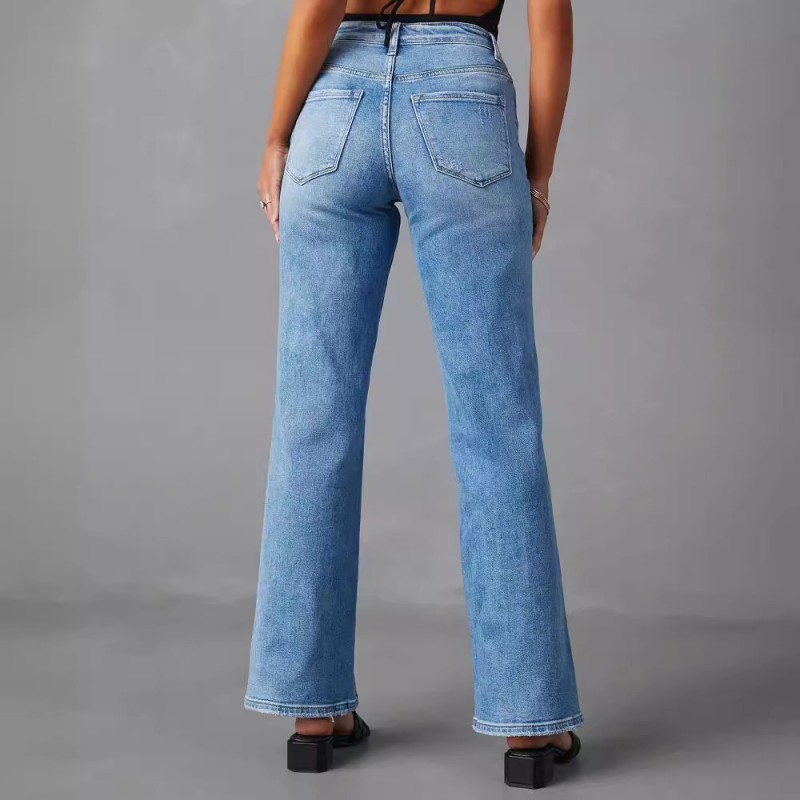 Women Fashion High Waist Stretch Split Straight Leg Jeans