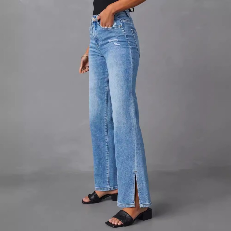 Women Fashion High Waist Stretch Split Straight Leg Jeans