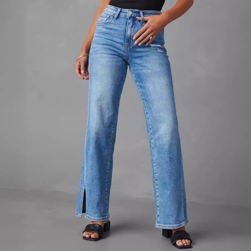 Women Fashion High Waist Stretch Split Straight Leg Jeans