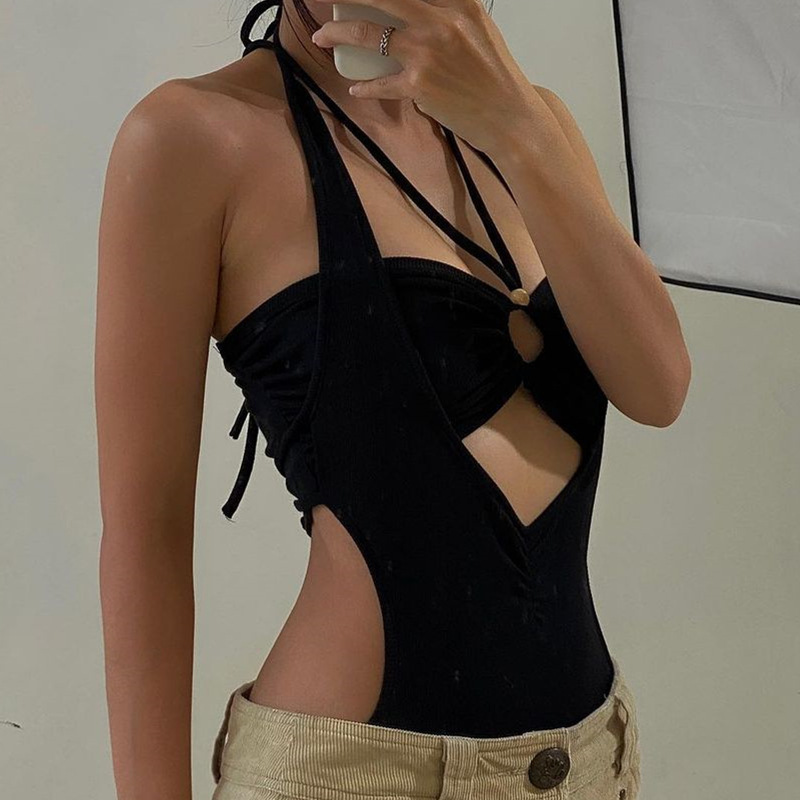 Women Fashion Sexy Hollow Halter Neck Lace-Up Bodysuits Set