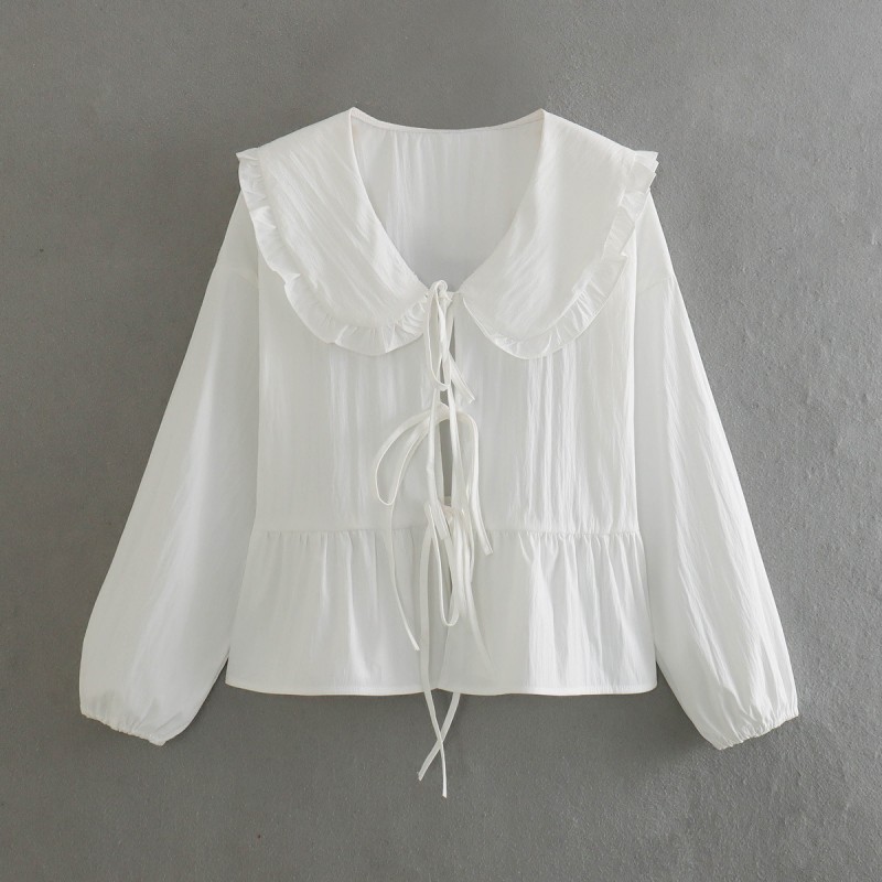 Women Fashion Casual Solid Color Doll Collar Lace Shirt Top