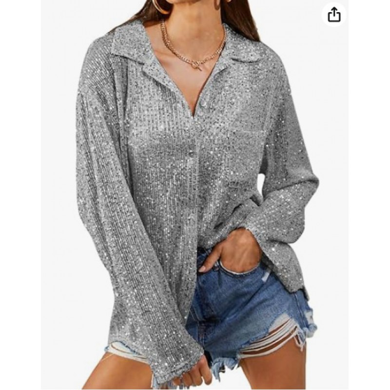 Women Fashion V-Neck Sequin Long Sleeve Shirt Top