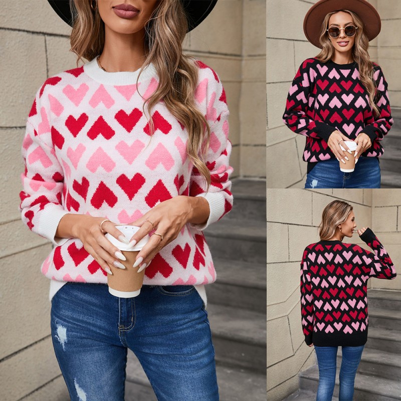 Autumn Winter Women Fashion Valentine Day Heart-Shaped Printed Crewneck Long-Sleeved Knitted Sweater