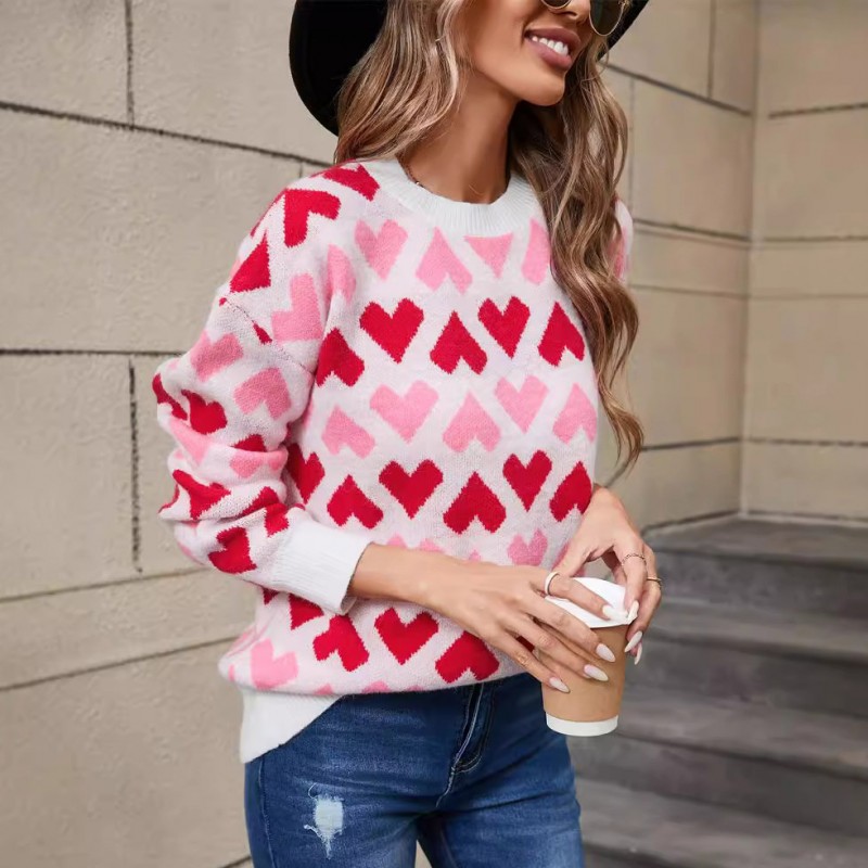 Autumn Winter Women Fashion Valentine Day Heart-Shaped Printed Crewneck Long-Sleeved Knitted Sweater