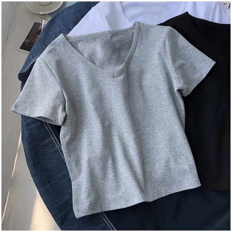 Basic Women Short-Sleeved V-Neck Solid Color Crop T-Shirt