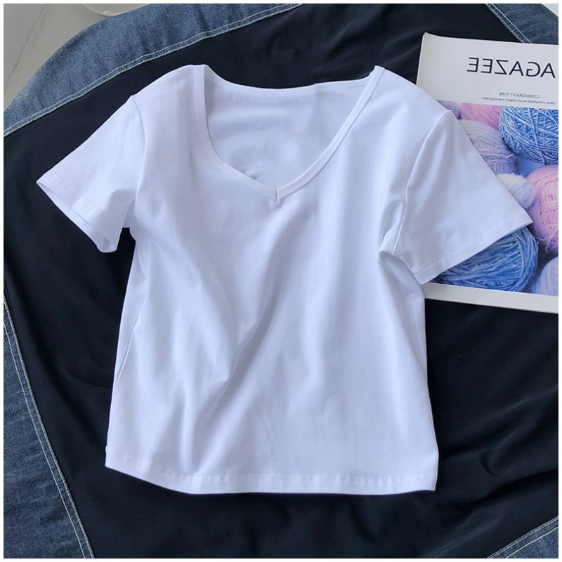 Basic Women Short-Sleeved V-Neck Solid Color Crop T-Shirt