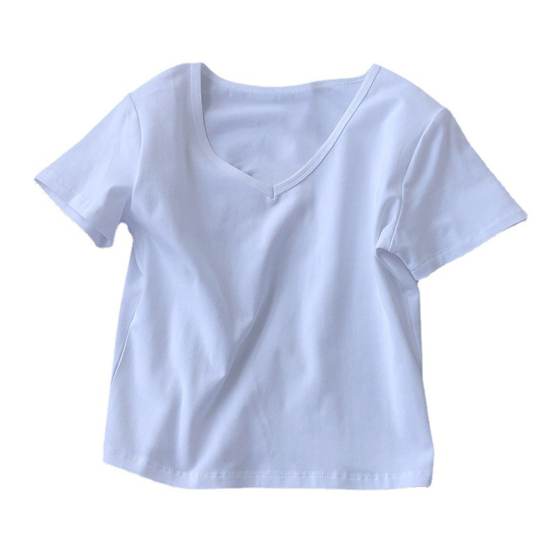 Basic Women Short-Sleeved V-Neck Solid Color Crop T-Shirt