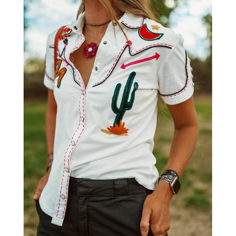 Vintage Western Style Women Short Sleeve Casual Shirt