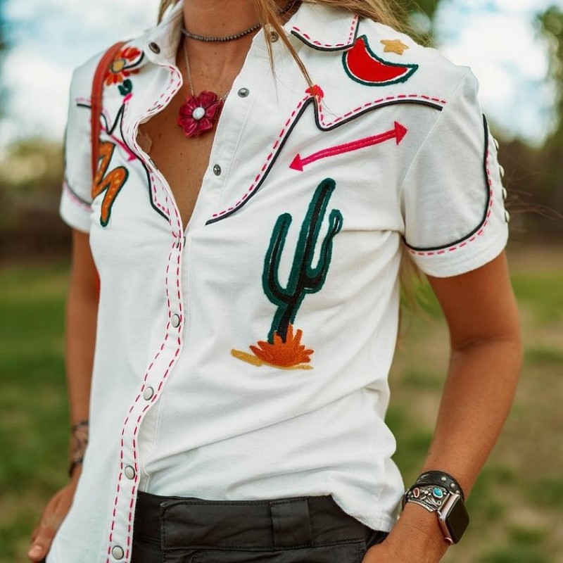 Vintage Western Style Women Short Sleeve Casual Shirt