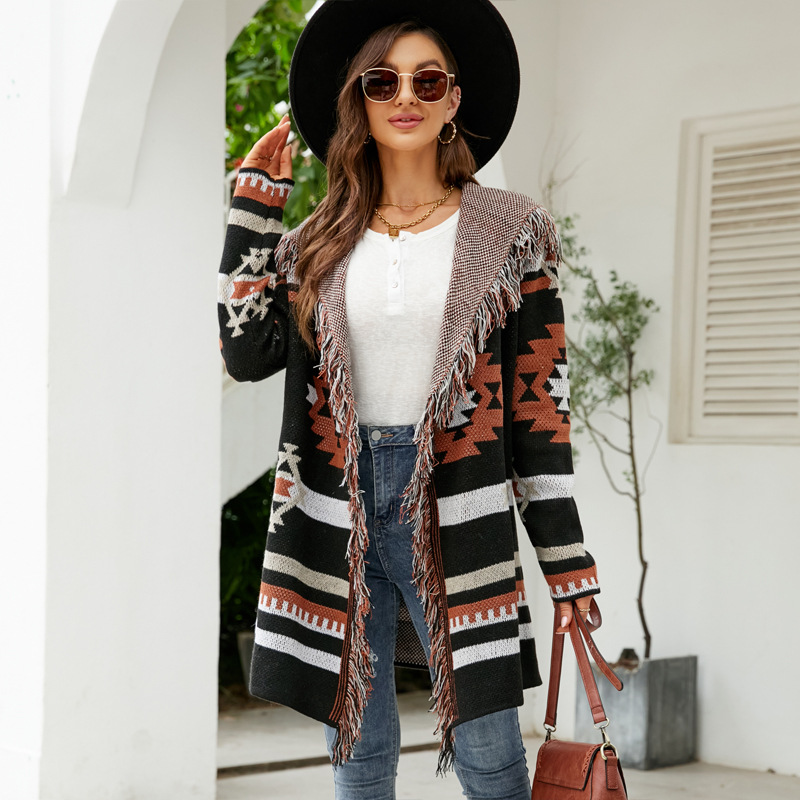 Western Vintage Women Autumn And Winter Loose Hooded Long Sweater Coat Tassel Geometric Jacquard Sweater Cardigan