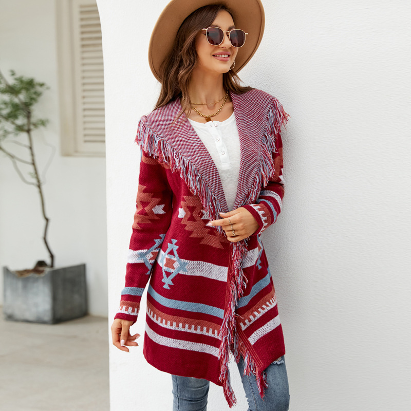 Western Vintage Women Autumn And Winter Loose Hooded Long Sweater Coat Tassel Geometric Jacquard Sweater Cardigan