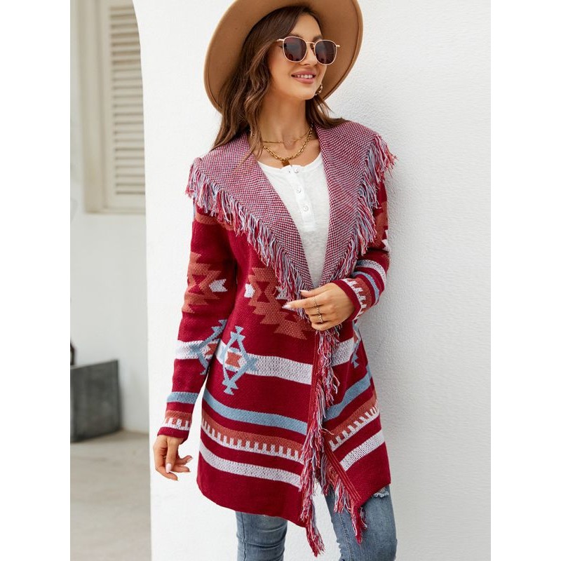 Western Vintage Women Autumn And Winter Loose Hooded Long Sweater Coat Tassel Geometric Jacquard Sweater Cardigan