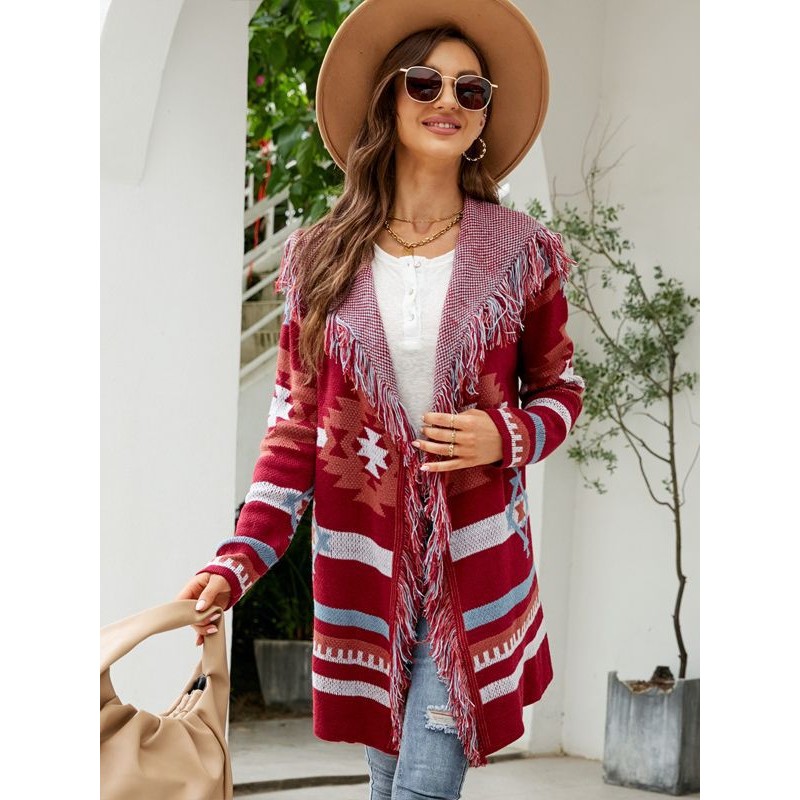 Western Vintage Women Autumn And Winter Loose Hooded Long Sweater Coat Tassel Geometric Jacquard Sweater Cardigan