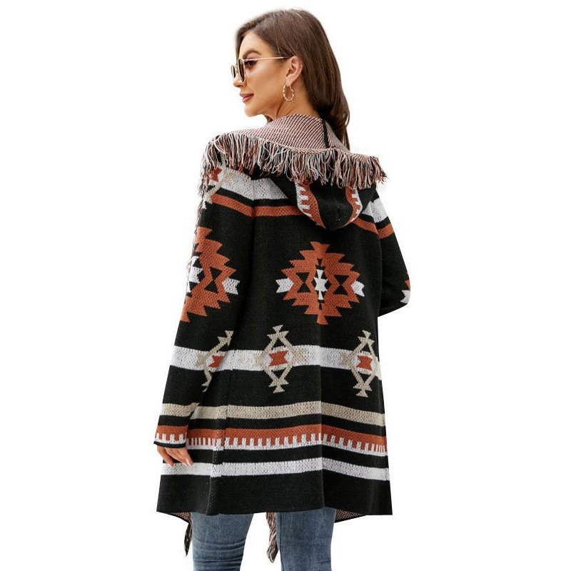 Western Vintage Women Autumn And Winter Loose Hooded Long Sweater Coat Tassel Geometric Jacquard Sweater Cardigan